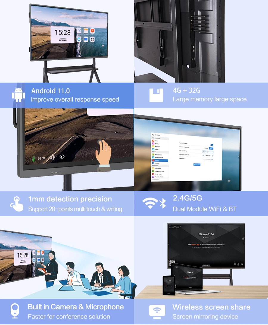 High Quality Android 11 Dual System 3840X2160 Ultra HD 4K Infrared Touch LED Interactive Touch Display Whiteboard