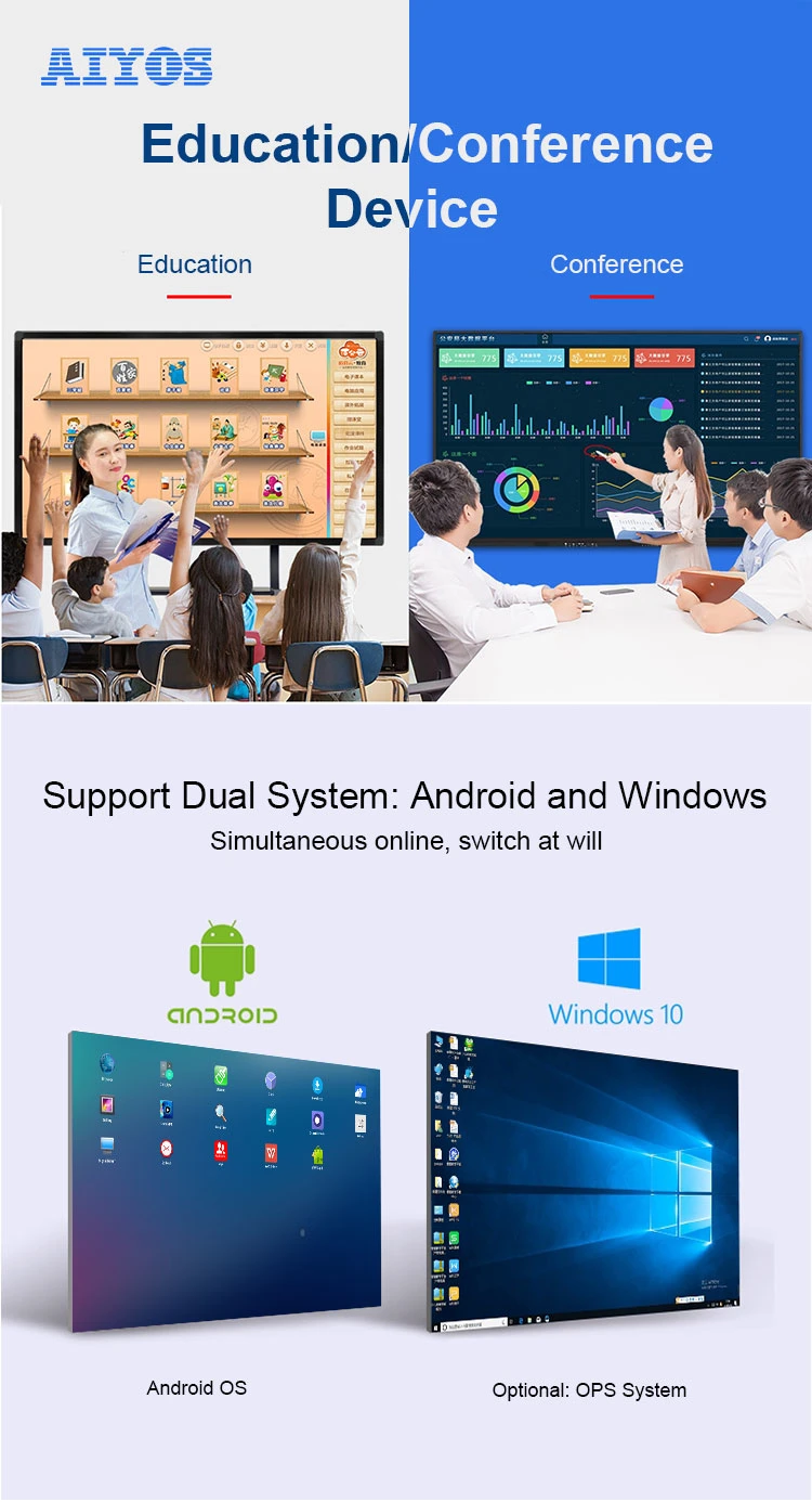 75 Inch Education and Conference Dual System Android Windows Smart LCD Touch Screen Monitor Interactive Whiteboard Device